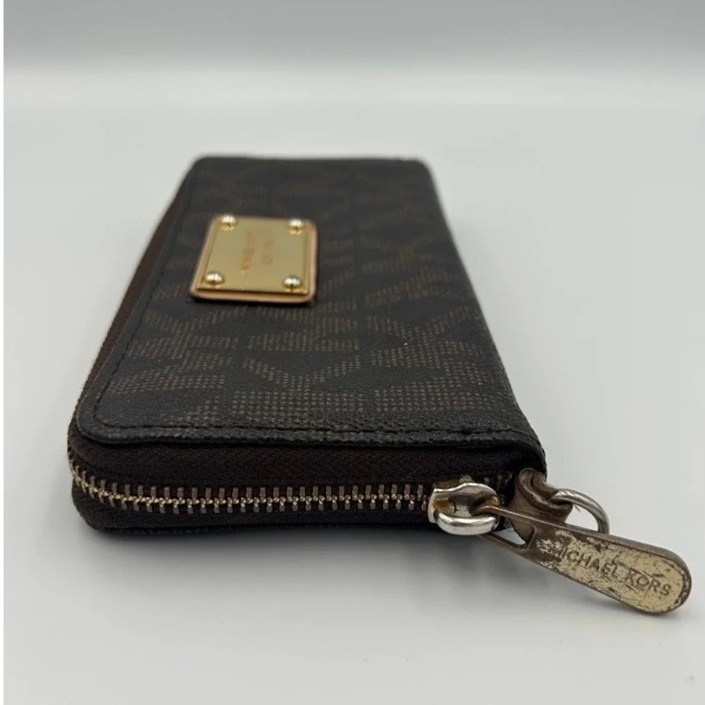 Michael Kors Dark Brown‎ Monogram MK Logo Zip Around Wallet Goldtone Hardware